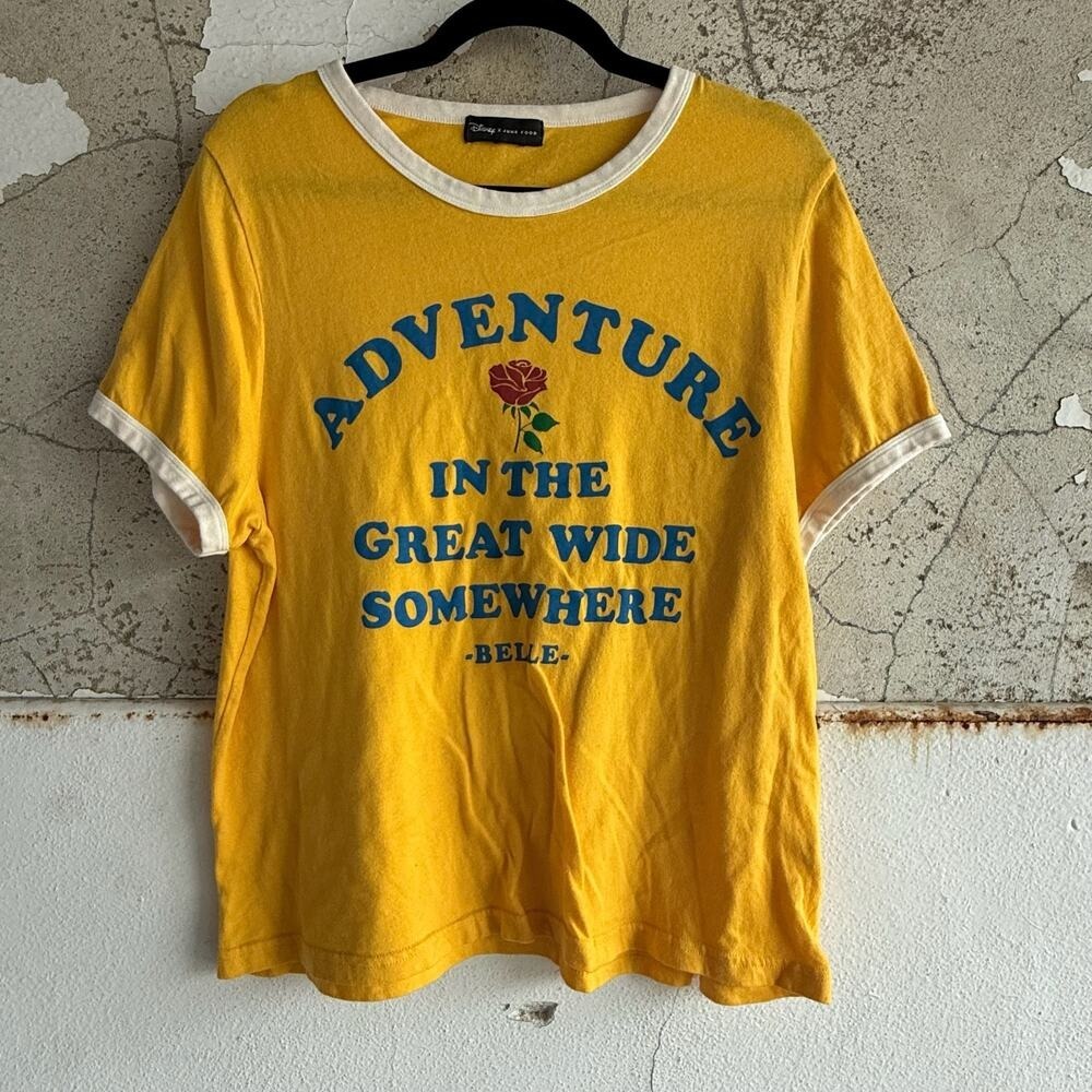 Disney Junk Food Belle Quote Yellow Graphic Tee Adventure Ringer T‎ Shirt M
